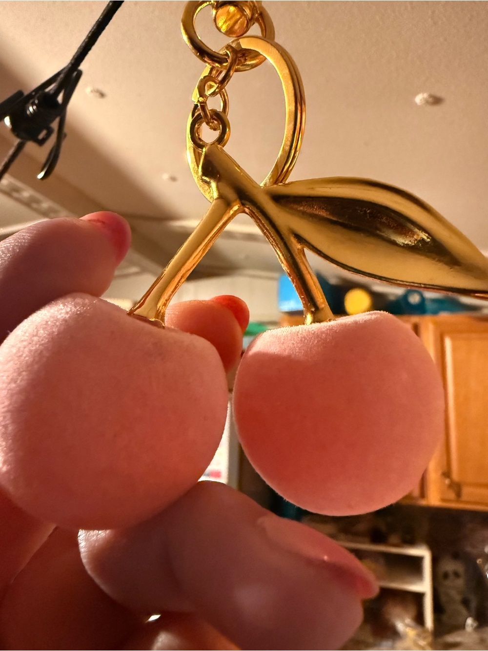 Pink Velvet Cherry Keychain with Gold Stem